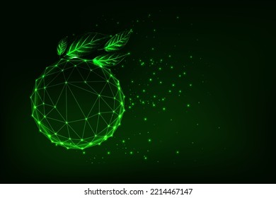 Foco abstracto futurista de hojas verdes poligonales bajas y burbuja aisladas en fondo verde oscuro. Sostenibilidad, ESG, concepto de conservación del medio ambiente. Ilustración vectorial de diseño de trama moderna