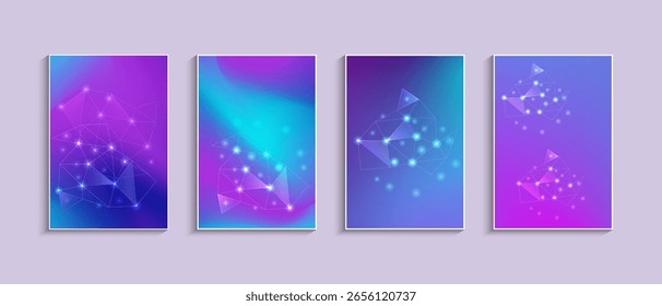 Futuristic Abstract Gradient Backgrounds set with Glowing Polygona. purple, blue, and cyan with glowing polygonal . Perfect for technology-themed designs, digital posters, website, app interface.