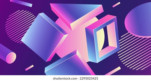 Fondo brillante de gradiente abstracto futurista con varias formas voladoras. Cero gravedad.