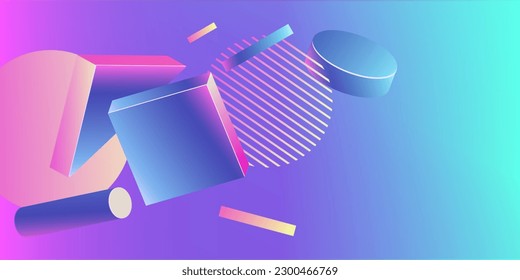 Futuristic abstract gradient bright background with various flying shapes. Zero gravity.