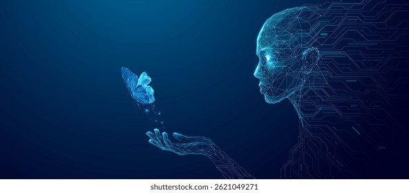 Futuristic abstract humanoid robot holding a digital butterfly on a palm. AI art or Artificial Intelligence Innovation concept. Polygonal wireframe vector illustration. Blue technology background.