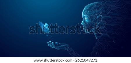 Futuristic abstract humanoid robot holding a digital butterfly on a palm. AI art or Artificial Intelligence Innovation concept. Polygonal wireframe vector illustration. Blue technology background.