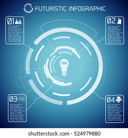 Futuristic abstract infographics with virtual user interface bulb text and four options on blue background vector illustration