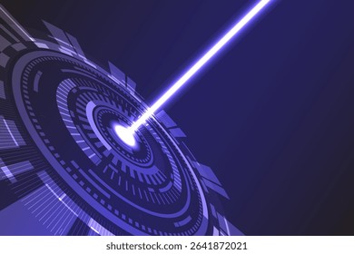 Futuristic abstract interface with a glowing laser beam shooting from the center of a circular digital panel, ideal for sci-fi, HUD design, or technology backgrounds.