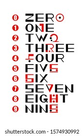 Futuristic abstract letters font numbers set. Linear stylized type with numeral 1, 2, 3, 4, 5, 6, 7, 8, 9, 0. Mathematics vector illustration on white background.