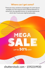 Futuristic abstract liquid forms. Mega Sale dynamical figures, flowing liquid shapes, wavy lines. Bright orange and pink color. Design for banner, flyer or presentation. Vector illustration