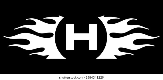 Futuristic abstract Logo with Fiery Flame Motif and Geometric 'H' Emblem, Black and White Artwork