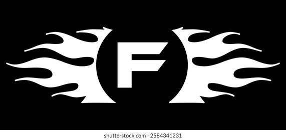 Futuristic abstract Logo with Fiery Flame Motif and Geometric 'F' Emblem, Black and White Artwork