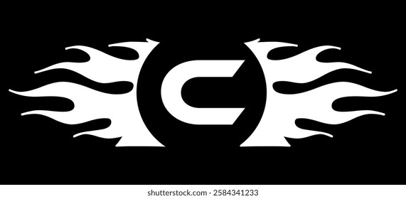 Futuristic abstract Logo with Fiery Flame Motif and Geometric 'C' Emblem, Black and White Artwork
