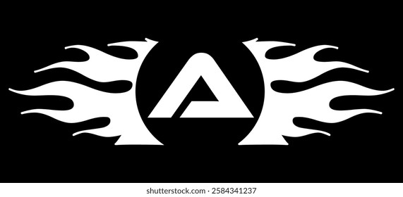 Futuristic abstract Logo with Fiery Flame Motif and Geometric 'A' Emblem, Black and White Artwork