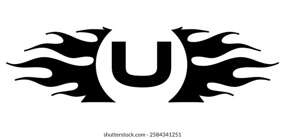 Futuristic abstract Logo with Fiery Flame Motif and Geometric 'U' Emblem, Black and White Artwork