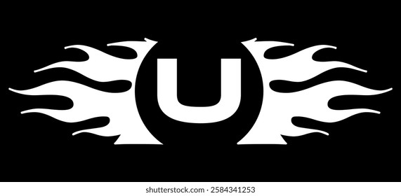 Futuristic abstract Logo with Fiery Flame Motif and Geometric 'U' Emblem, Black and White Artwork