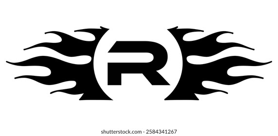 Futuristic abstract Logo with Fiery Flame Motif and Geometric 'R' Emblem, Black and White Artwork