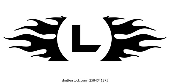 Futuristic abstract Logo with Fiery Flame Motif and Geometric 'L' Emblem, Black and White Artwork