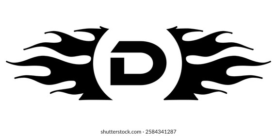 Futuristic abstract Logo with Fiery Flame Motif and Geometric 'D' Emblem, Black and White Artwork