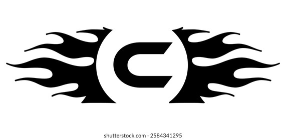 Futuristic abstract Logo with Fiery Flame Motif and Geometric 'C' Emblem, Black and White Artwork