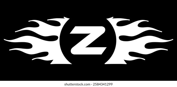 Futuristic abstract Logo with Fiery Flame Motif and Geometric 'Z' Emblem, Black and White Artwork