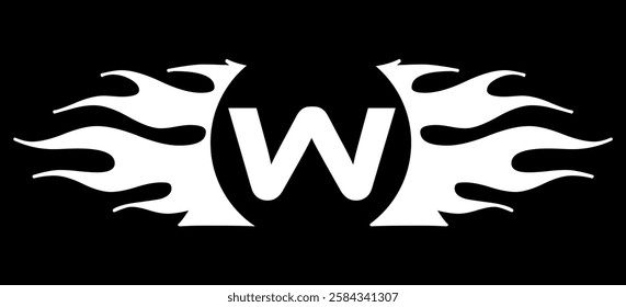Futuristic abstract Logo with Fiery Flame Motif and Geometric 'W' Emblem, Black and White Artwork
