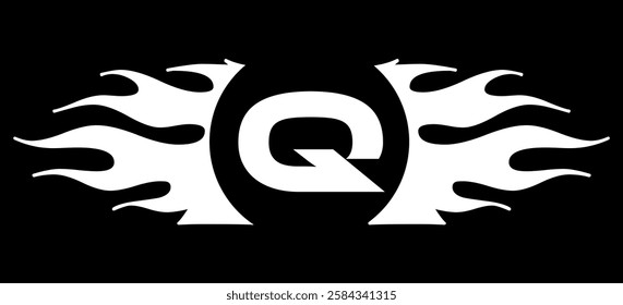Futuristic abstract Logo with Fiery Flame Motif and Geometric 'Q' Emblem, Black and White Artwork