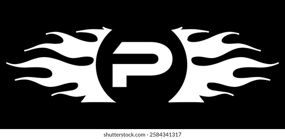 Futuristic abstract Logo with Fiery Flame Motif and Geometric 'P' Emblem, Black and White Artwork