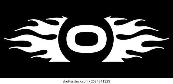 Futuristic abstract Logo with Fiery Flame Motif and Geometric 'O' Emblem, Black and White Artwork