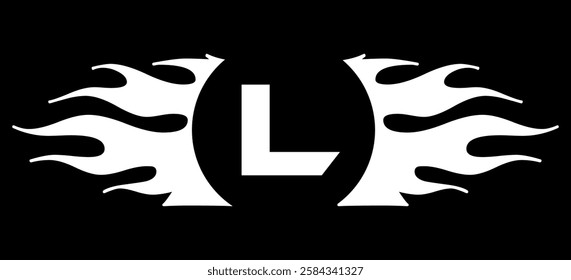 Futuristic abstract Logo with Fiery Flame Motif and Geometric 'L' Emblem, Black and White Artwork