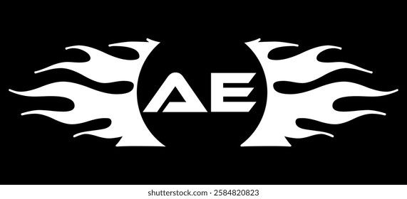 Futuristic abstract Logo with Fiery Flame Motif and Geometric 'AE' Emblem, Black and White Artwork