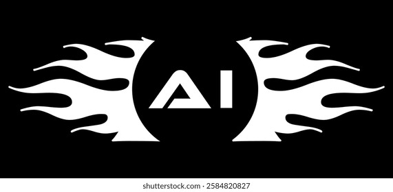 Futuristic abstract Logo with Fiery Flame Motif and Geometric 'AI' Emblem, Black and White Artwork