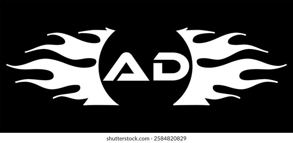 Futuristic abstract Logo with Fiery Flame Motif and Geometric 'AD' Emblem, Black and White Artwork