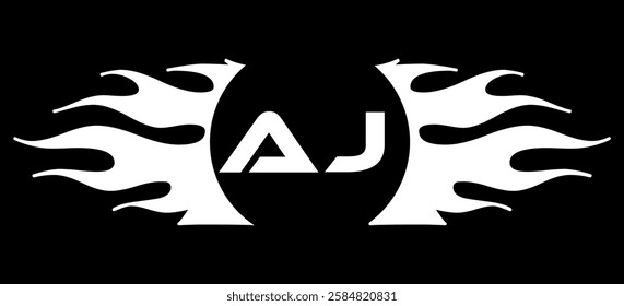 Futuristic abstract Logo with Fiery Flame Motif and Geometric 'AJ' Emblem, Black and White Artwork