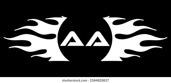 Futuristic abstract Logo with Fiery Flame Motif and Geometric 'AA' Emblem, Black and White Artwork