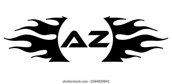 Futuristic abstract Logo with Fiery Flame Motif and Geometric 'AZ' Emblem, Black and White Artwork