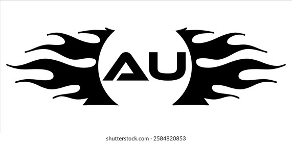 Futuristic abstract Logo with Fiery Flame Motif and Geometric 'AU' Emblem, Black and White Artwork