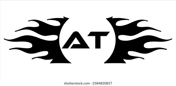 Futuristic abstract Logo with Fiery Flame Motif and Geometric 'AT' Emblem, Black and White Artwork