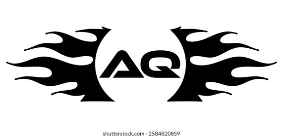 Futuristic abstract Logo with Fiery Flame Motif and Geometric 'AQ' Emblem, Black and White Artwork