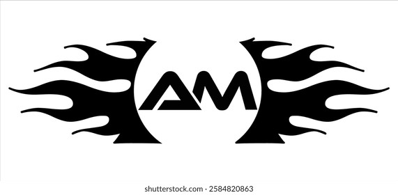 Futuristic abstract Logo with Fiery Flame Motif and Geometric 'AM' Emblem, Black and White Artwork