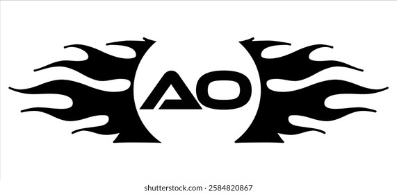 Futuristic abstract Logo with Fiery Flame Motif and Geometric 'AO' Emblem, Black and White Artwork