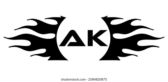 Futuristic abstract Logo with Fiery Flame Motif and Geometric 'AK' Emblem, Black and White Artwork