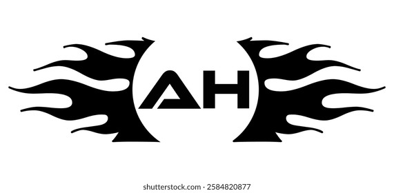 Futuristic abstract Logo with Fiery Flame Motif and Geometric 'AH' Emblem, Black and White Artwork