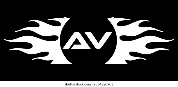 Futuristic abstract Logo with Fiery Flame Motif and Geometric 'AV' Emblem, Black and White Artwork