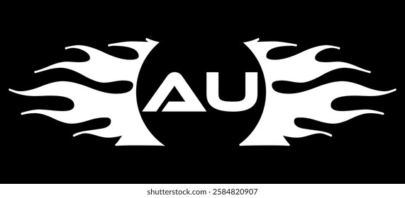 Futuristic abstract Logo with Fiery Flame Motif and Geometric 'AU' Emblem, Black and White Artwork