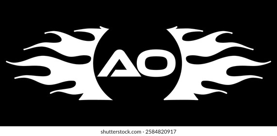 Futuristic abstract Logo with Fiery Flame Motif and Geometric 'AO' Emblem, Black and White Artwork