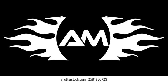 Futuristic abstract Logo with Fiery Flame Motif and Geometric 'AM' Emblem, Black and White Artwork