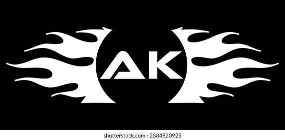 Futuristic abstract Logo with Fiery Flame Motif and Geometric 'AK' Emblem, Black and White Artwork