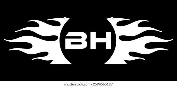 Futuristic abstract Logo with Fiery Flame Motif and Geometric 'BH' Emblem, Black and White Artwork