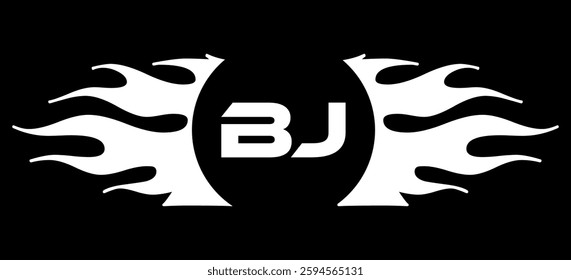 Futuristic abstract Logo with Fiery Flame Motif and Geometric 'BJ' Emblem, Black and White Artwork