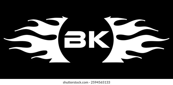 Futuristic abstract Logo with Fiery Flame Motif and Geometric 'BK' Emblem, Black and White Artwork