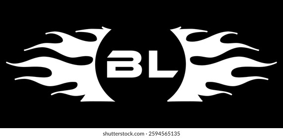 Futuristic abstract Logo with Fiery Flame Motif and Geometric 'BL' Emblem, Black and White Artwork