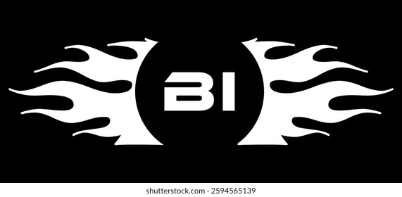 Futuristic abstract Logo with Fiery Flame Motif and Geometric 'BI' Emblem, Black and White Artwork