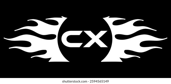 Futuristic abstract Logo with Fiery Flame Motif and Geometric 'CX' Emblem, Black and White Artwork